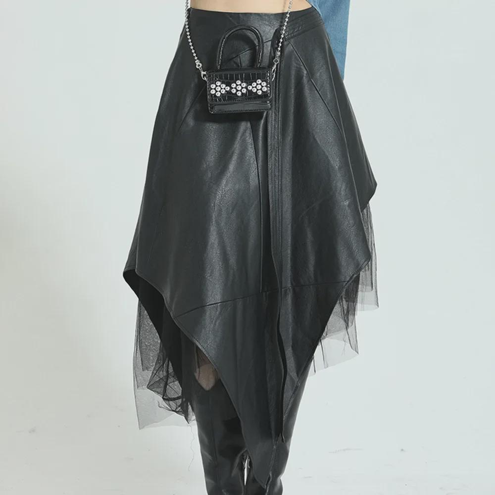 Vintage Dark PU Leather High-Waist A-Line Mesh Skirt