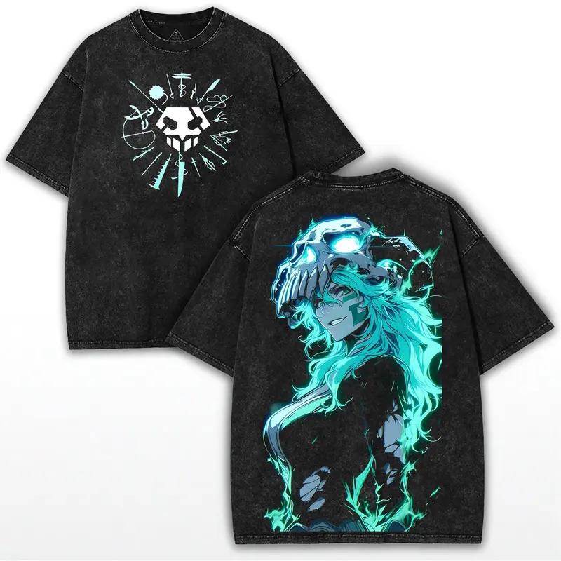 BLEACH Неллиел Ту Одельшванк Принтованная футболка Мужская Женская Футболки из стираного хлопка Манга Винтажная футболка Харадзюку Футболка с коротким рукавом XXL чёрный