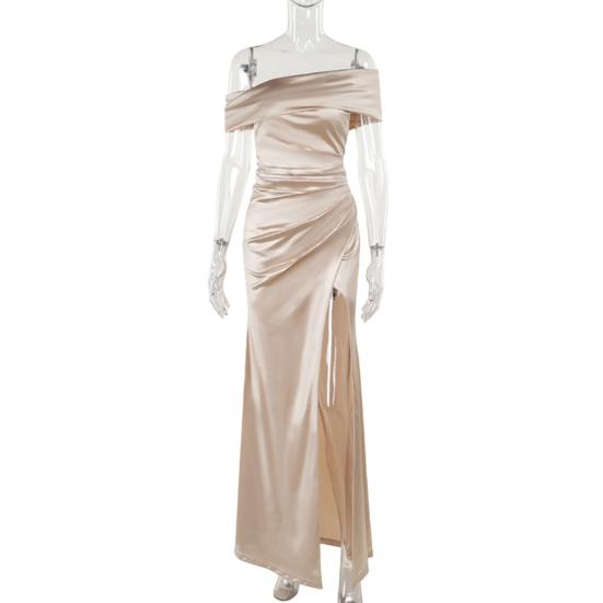 Prom Dress for Women Off Shoulder Satin Evening Party Formal Gown High Slit Cocktail Wedding Guest Maxi Dress