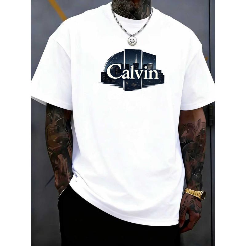 European Sizes Men's Short-Sleeve T-Shirt with "Calvin" Print - Soft Breathable Fabric, Relaxed Fit Crew Neck Casual Shirt, Machine Washable for All