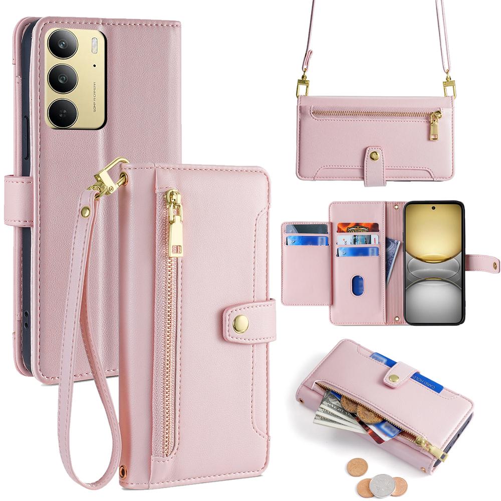 For Realme C75/14x 5G Case Zipper Pocket Wallet Leather Phone Cover with 2 Straps