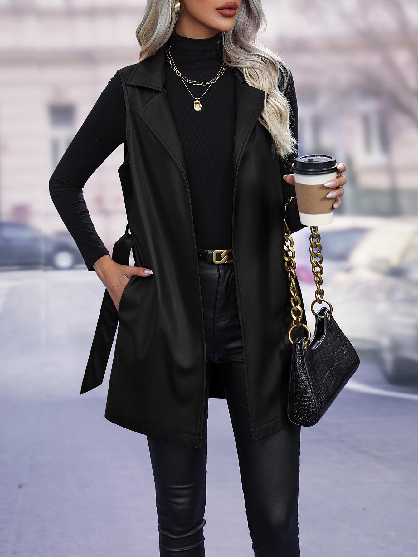 

PU leather cardigan strap vest jacket, vest vest jacket top, women XXL чорний