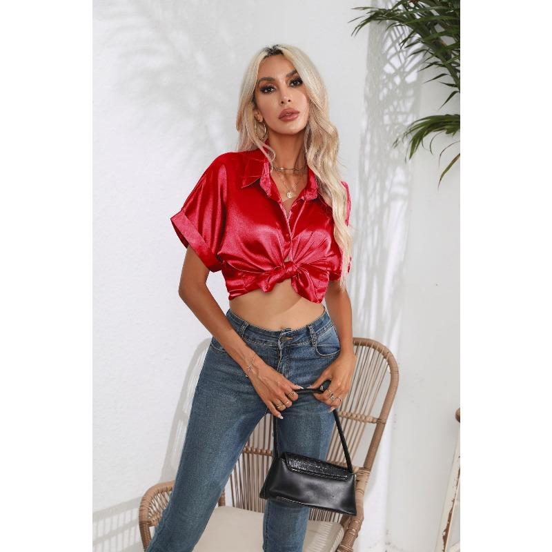JPNTKY Women's Fashion Casual Solid Color Print POLO Neck Long Sleeve Blouses & Shirts