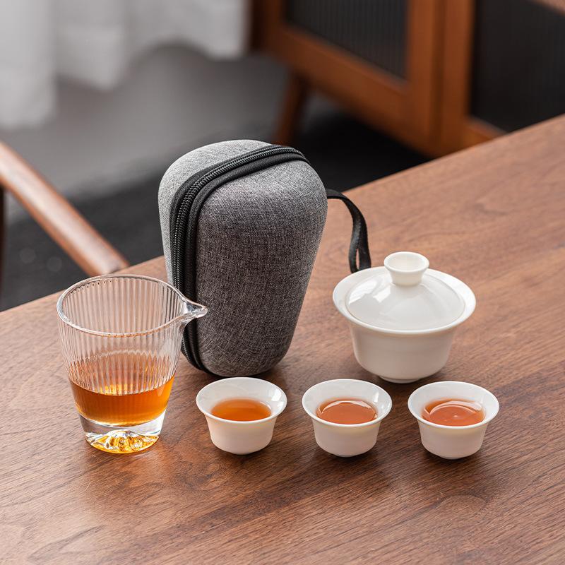 Suet jade porcelain high-end outdoor travel tea set Kuaike cup one pot two or three cups portable ceramic gifts