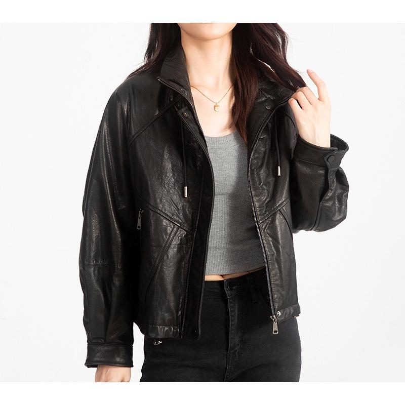 

Новая куртка из натуральной кожи для женщин, осень и зима, короткая, корейский стиль, свободная, повседневная, модная, с воротником-стойкой, для женщин L