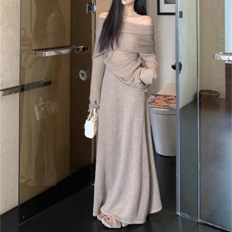 Womens Oversized Knit Midi Dress With Side Slit Loose Fit Long Sleeve Sweater Winter
