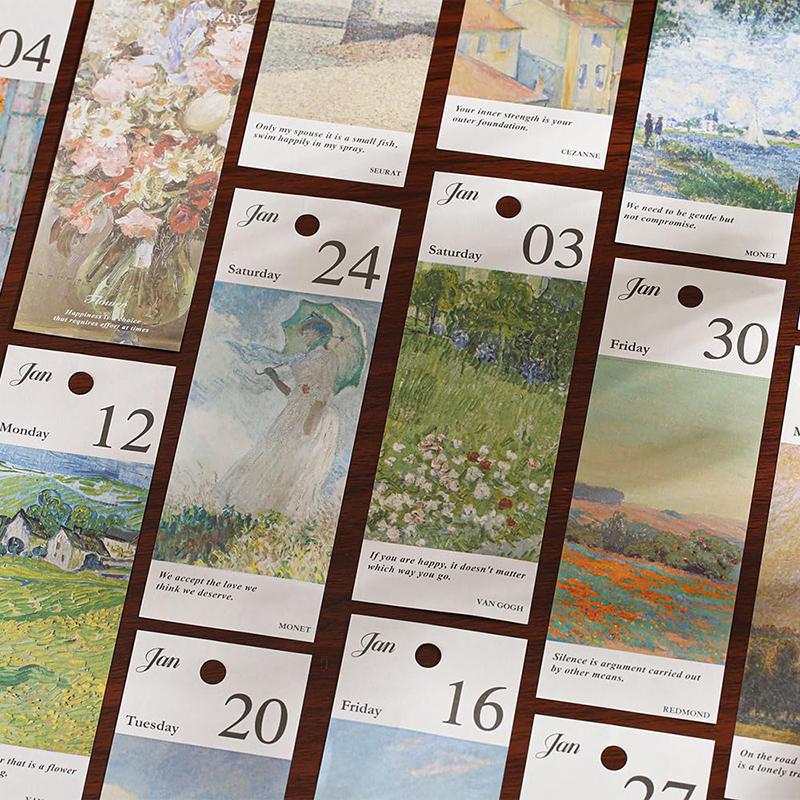 2026 365 Days Desk Calendar With Gold Ring Binding Vintage Oil Painting Inspirational Quotes One-Way Page Turn Daily Planner