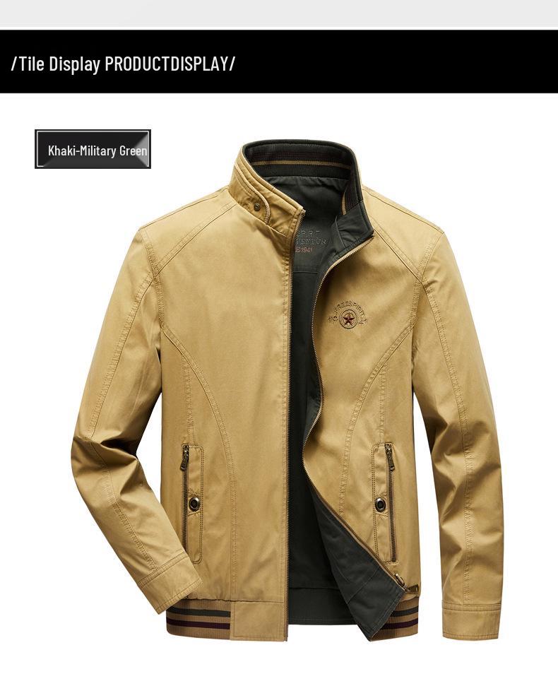 Men's Double-Sided Pure Cotton Jacket - Stand Collar, Loose Fit, Business Casual for Spring and Autumn.