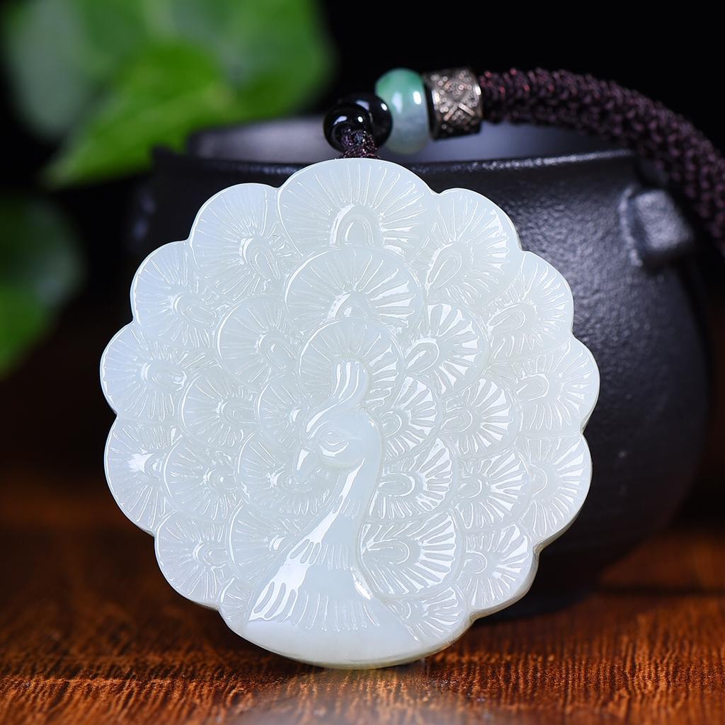 Xinjiang Hotan Jade Jade Peacock Open Screen Pendant for Men and Women Jade Pendant Pendant Jade Jade Necklace Blue White Jade with