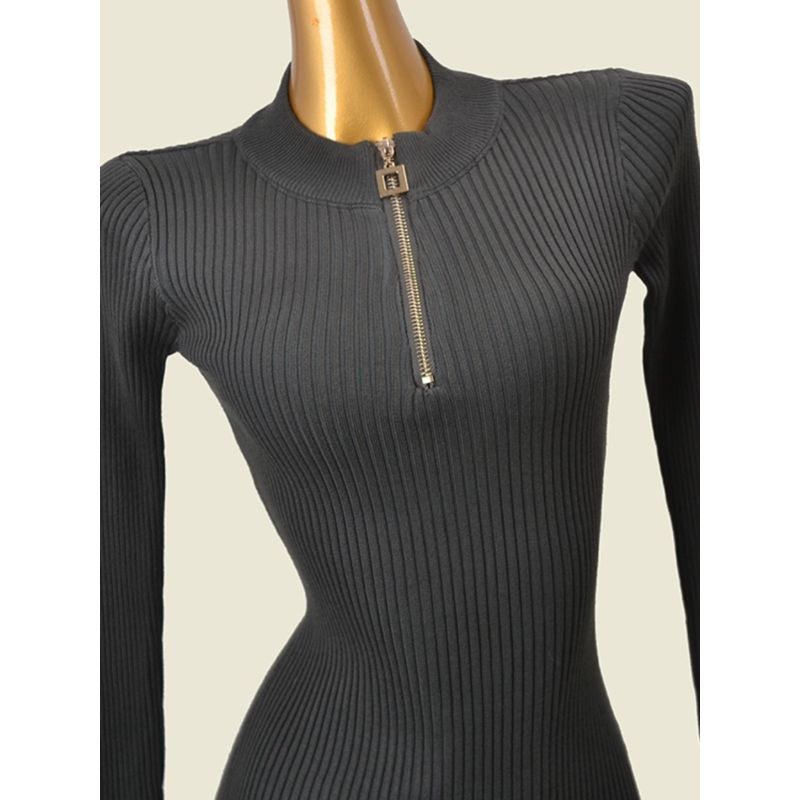 Thread High Elasticity Long Sleeves Knitted Hip Skirt Fashion Wind Sexy Silm Slim Looking Metal Zipper Dress