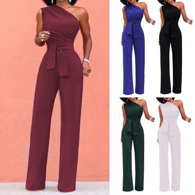 Banquet Romper One Shoulder Close-fitting Sexy Breathable Firm Stitching Solid Color with Belt Slim Fit Sleeveless Prom Jumpsuit Daily Clothes