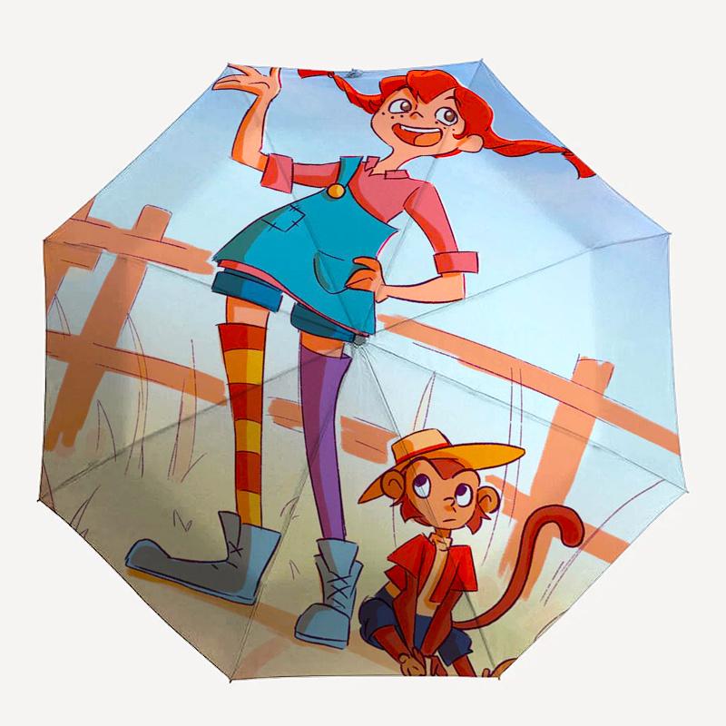 Pippi Longstocking Themed Travel Umbrella-8 Ribs Automatic Opening and Closing, Portable Folding Design, Compact and Stylish Umbrella Suitab