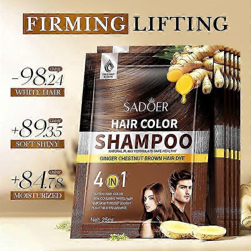Shampoo Colorante per Capelli Grigi - Shampoo Colorante Naturale Zenzero Castano Chiaro per Colore a Lunga Durata in Minuti, 25ml x 10pz, Formato da Viaggio