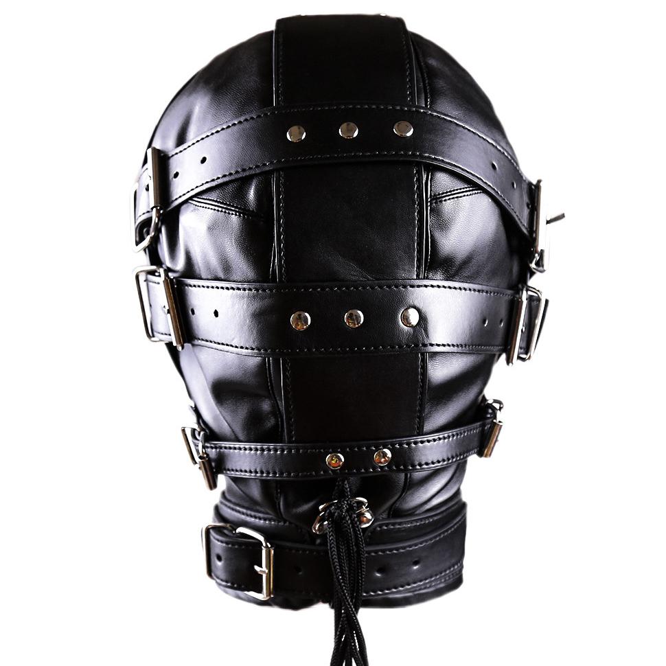 PU Leather Total Sensory Deprivation Full Head Bondage Hood Headgear Mouth Open Lockable Gimp Bondage  Sex Toy for Couple