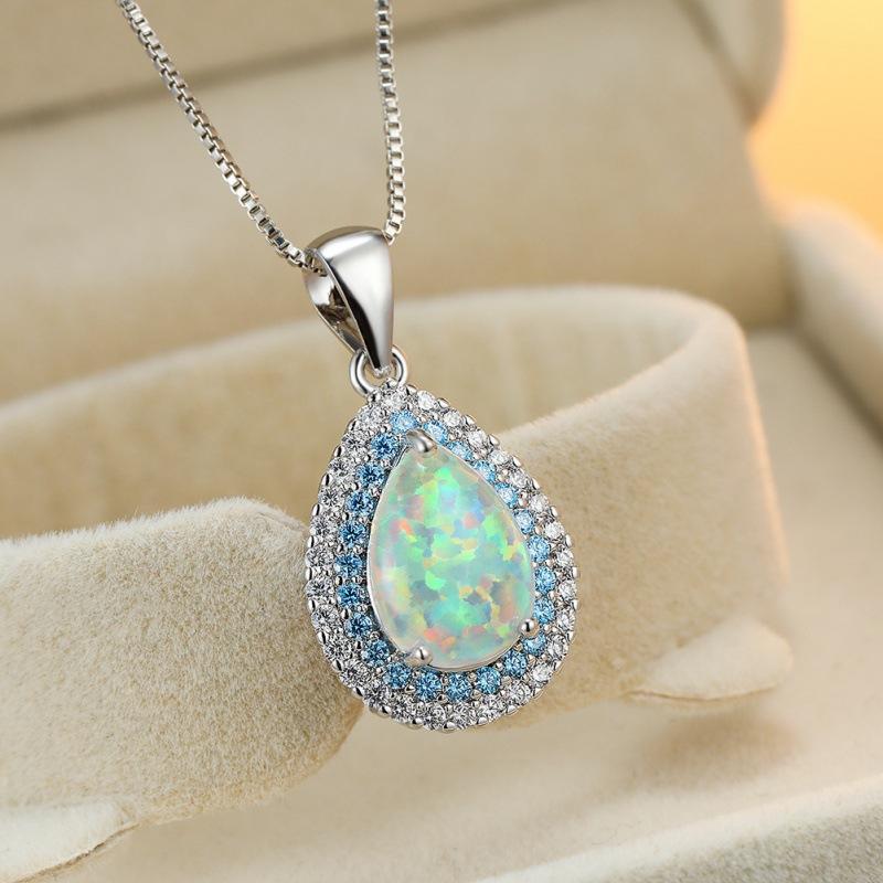 Cold Wind Platinum Water Drop Edge Diamond Opal Necklace Women's Delicate Necklace