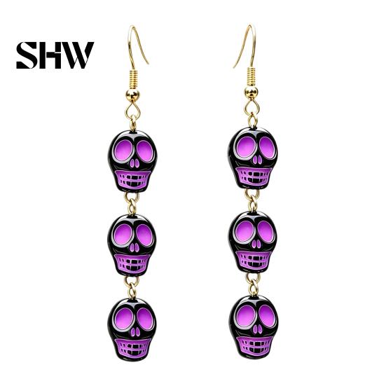 Retro Statement Earrings 1 Pair Acrylic Halloween for Women, Triple Skulls Drop Dangle Cool Alloy Ear Hooks Earrings, Gothic Jewelry Gifts Holiday
