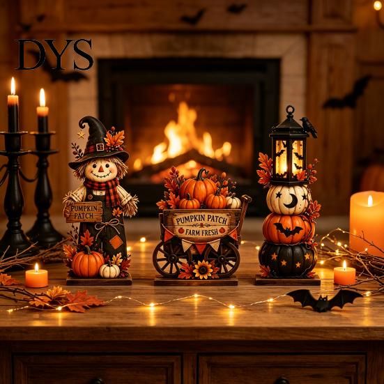 Wooden Ghost Ornaments 3Pcs Halloween Decorations, Fall Tabletop with Black Cat Pumpkin Rustic Wood Craft Elements, Retro Figurines for Mantel,