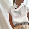 Women Cotton Linen Blouse Side Buttons Slit Stand Collar Tops White Summer Raglan Sleeve Blouses