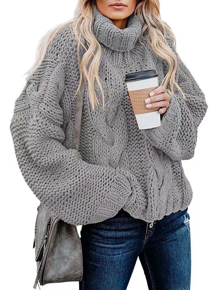 

2023 Women s Autumn/Winter High Neck Cable Knit Sweater - Solid Color, Loose Fit Style XXL