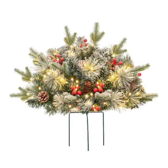 Pre-lit Christmas Tree Urn Filler Battery Operated Artificial Xmas Tree with Cones Berries Holiday Porch Planter Filler with Tripod Stake And LED