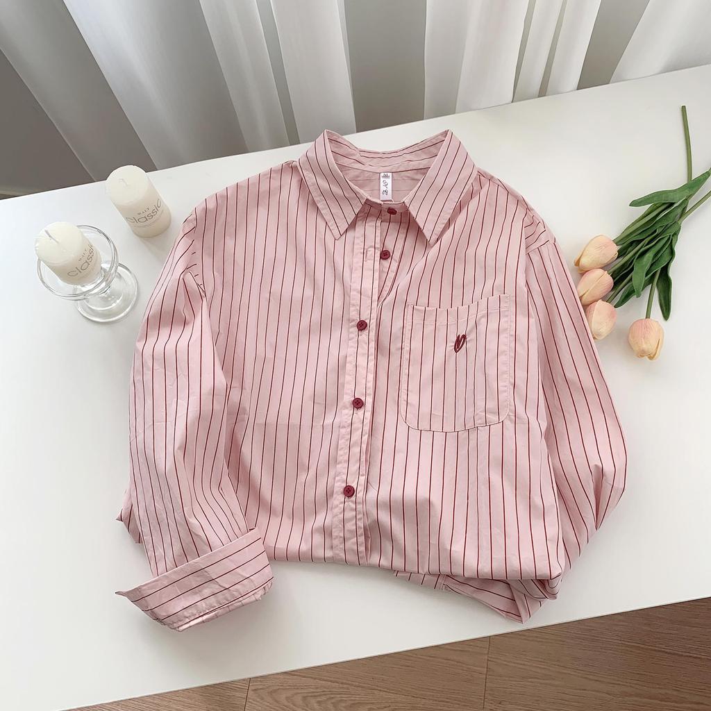 Damen Rosa Nadelstreifen Besticktes Polokragen Langarmhemd - Koreanisches Frühlingsdesign