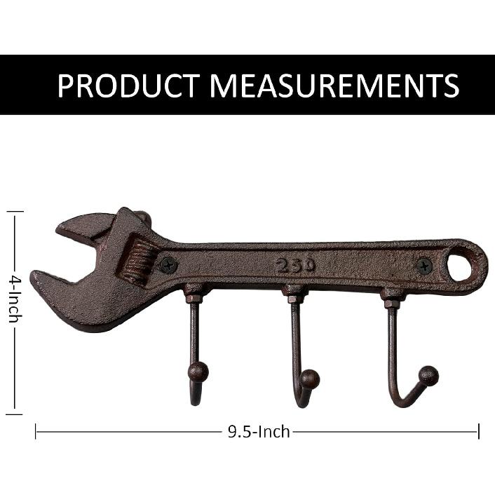 Retro Vintage Key Rack Holder Hooks Cast Iron Wrench Spanner Shape Decorative Wall Mounted Antique Man Cave Garage Tool Holder Coat Hat Rack Hanger