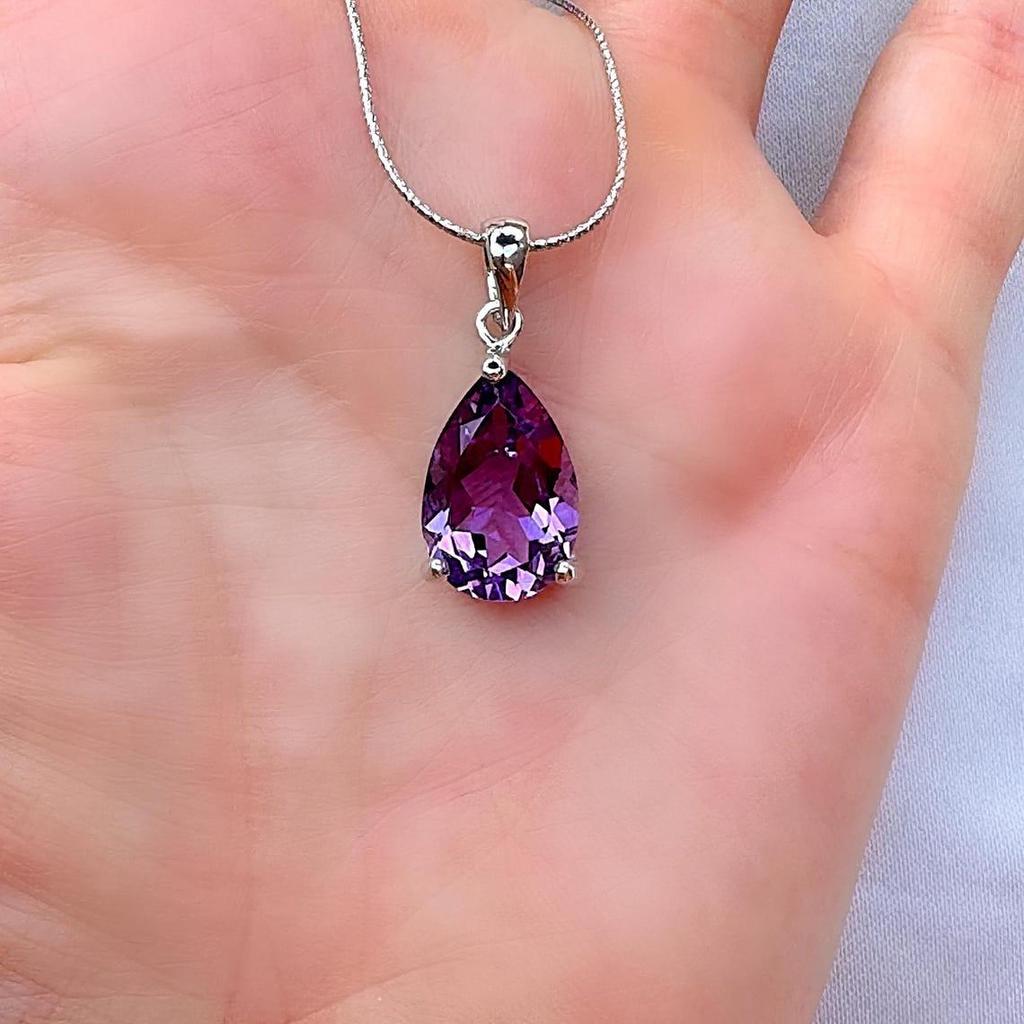 Halskette mit echtem Amethyst-Solitär in Tropfenform, Silberanhänger, nur Geburtsstein für Februar