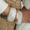 KunJoe 3 Styles Elegant White Thick Acrylic Wide Bracelet Women Bohemian Irregular Geometry Metal Spring Bangle Jewelry Gifts