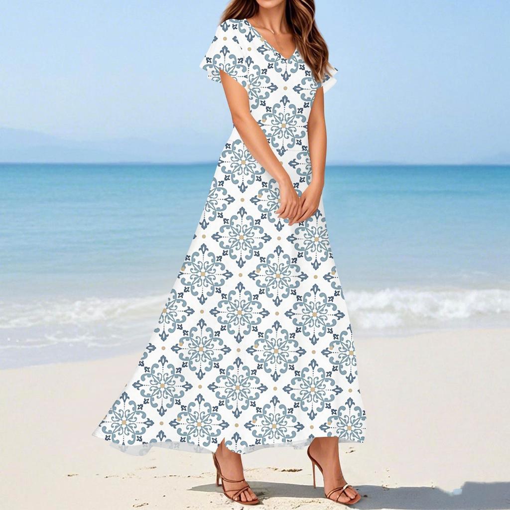 Women's Summer Casual Fashion Print Dresses V-Neck Short Sleeve Dresses