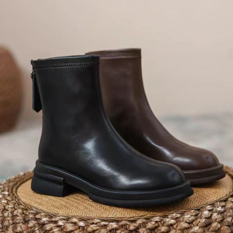 Bottes pour femmes 2025 HotSale Style français Fermeture éclair Bottes élastiques Vintage Automne Bout rond Tige courte Talons épais Chaussures Botas Mujer