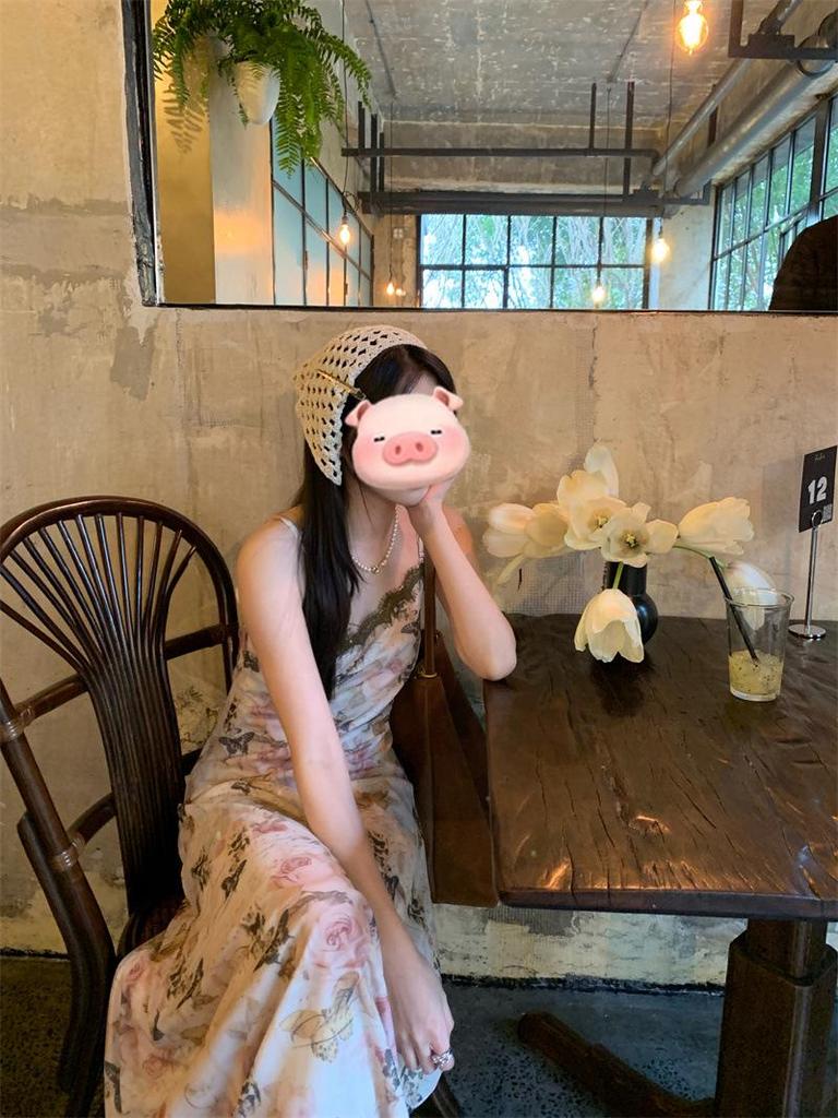 Women's French Retro Butterfly Print Maxi Dress for Spring and Summer Vacations