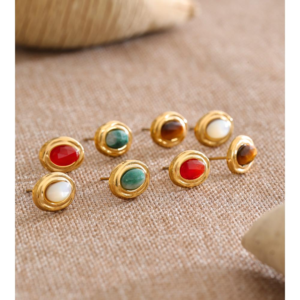 Yhpup 2026 Stainless Steel France Stud Earrings Natural Stone Agate Tiger Dainty Fashion Gift Jewelry Recommend