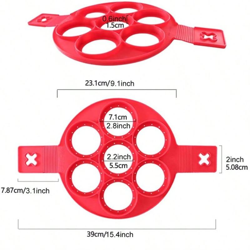 7-Cavity Silicone Pancake & Egg Ring Mold - Non-Stick Round Baking Tool  for  Breakfast  Sandwiches  and  Omelets  (Red)