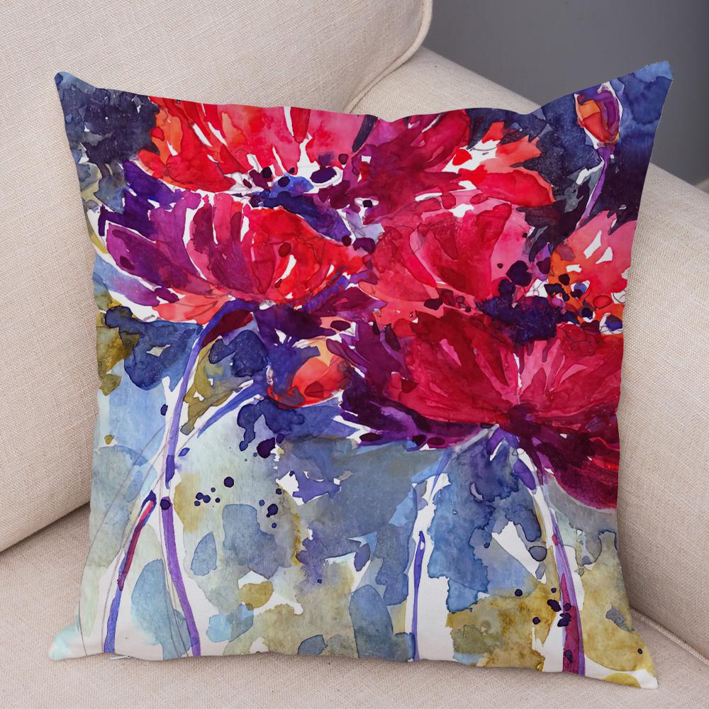 Watercolor Floral Cushion Cover Abstract Poppy Flower Art Print Soft Fabric Living Room Sofa Home Decor Pillow Case