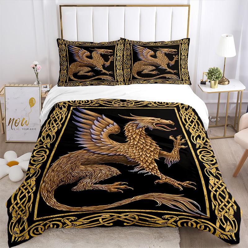 3pcs Golden Dragon Duvet Cover Set - Includes 1 Duvet Cover and 2 Pillowcases, No Quilt Core, All-Season Home Decor Yy251111075