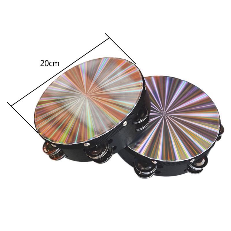 8 Inch Wooden Tambourine Handbell Hand Drum Reflective Drum Head Percussion Instrument Toy