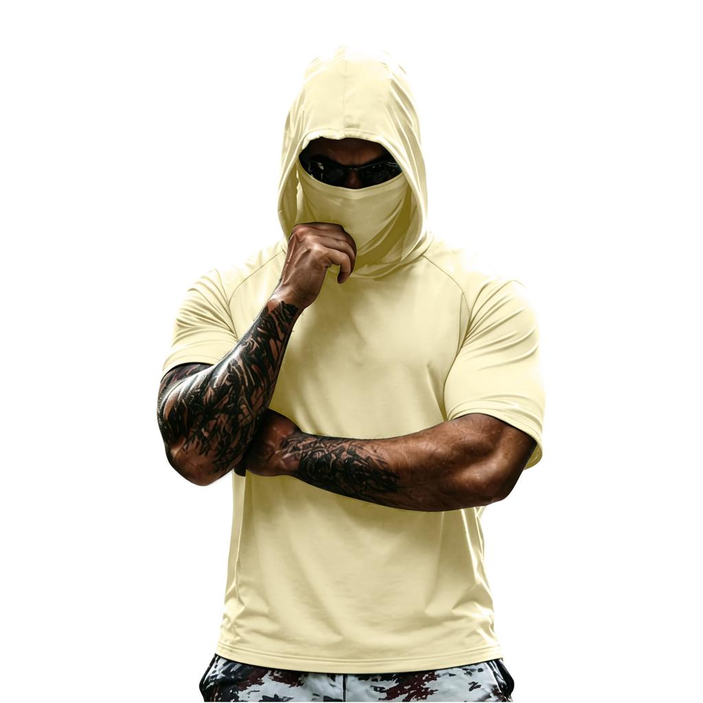 Men Hooded Short Sleeve T Shirt Lightweight Pullover Athletic Workout Top Quick Dry Raglan Tee for Sports Gym Running Training