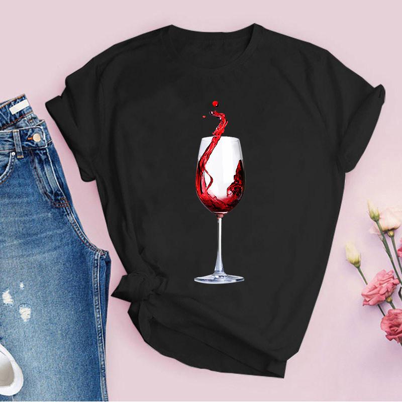 Rotweinglas Muster Reine Baumwolle Bedruckt Unisex und Damen Mode Trend T-Shirt Neu Personalisiert Rundhals Lässiges T-Shirt