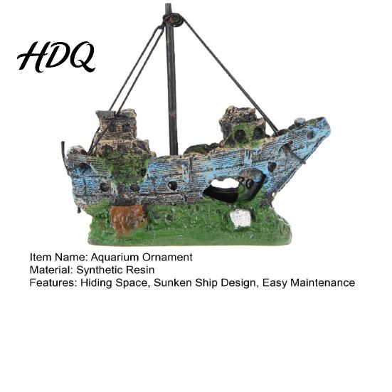Tank Decoration Aquarium Ornament Solid Resin Sunken Ship with Hollow Holes Durable