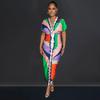 Women's European and American V-Neck Printed Slit Pleated Long Dress X6660