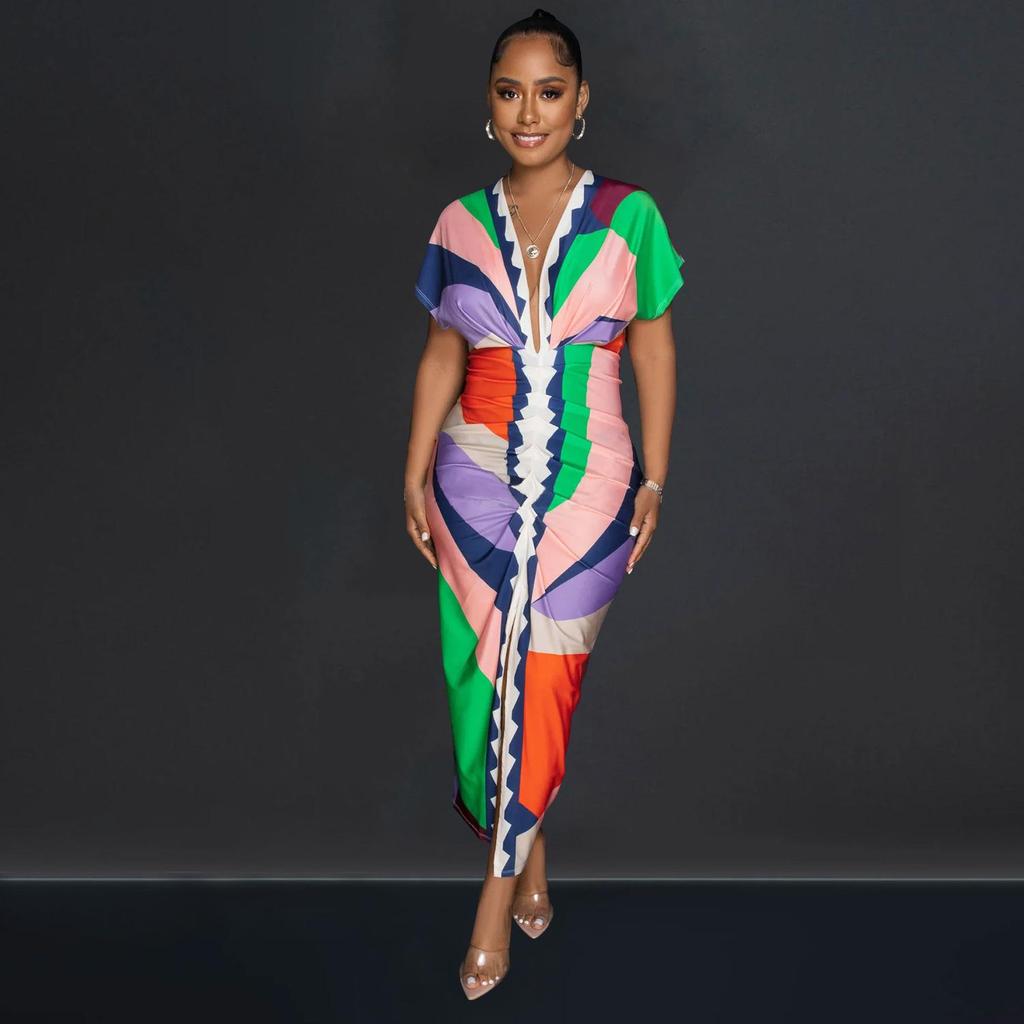 Women's European and American V-Neck Printed Slit Pleated Long Dress X6660