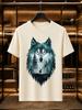 2026 New Arrival 100 Cotton Tshirt Double Exposure Wolf Head Forest Elk Print Crew Neck Casual Short Sleeve