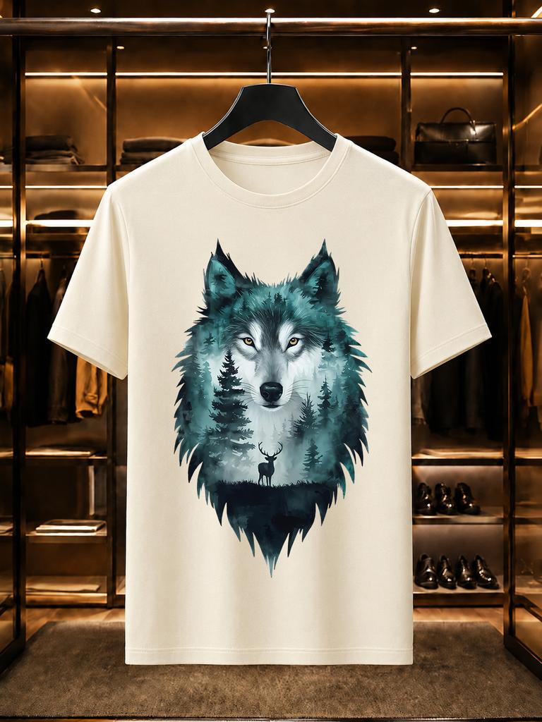 2026 New Arrival 100 Cotton Tshirt Double Exposure Wolf Head Forest Elk Print Crew Neck Casual Short Sleeve