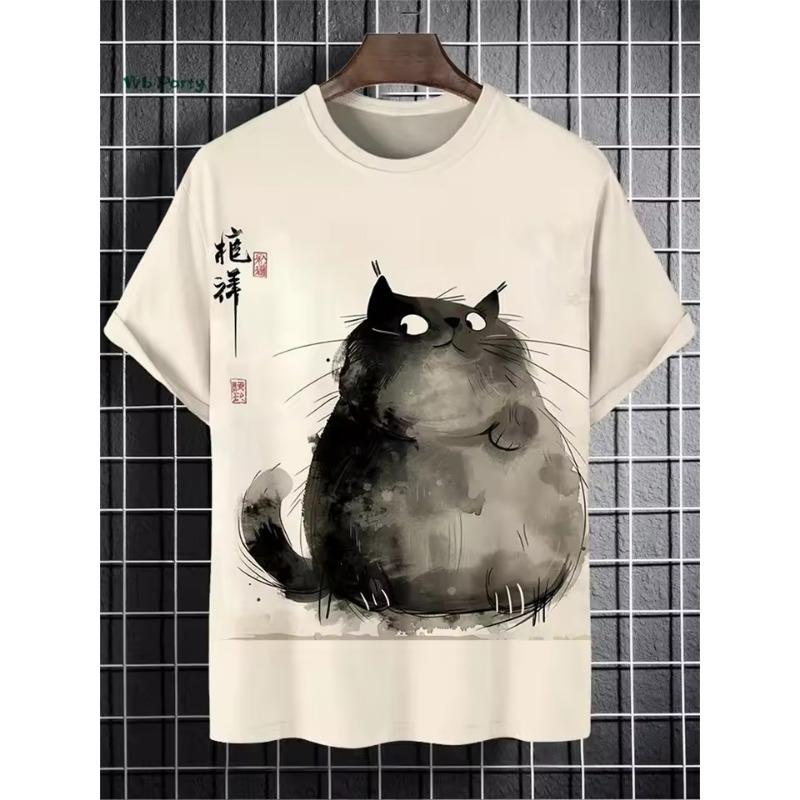 Ladies T-Shirt Blue Wave And Cat Graphic Print Retro Fashion Casual Street Round Neck Oversized Ladies Summer Clothing