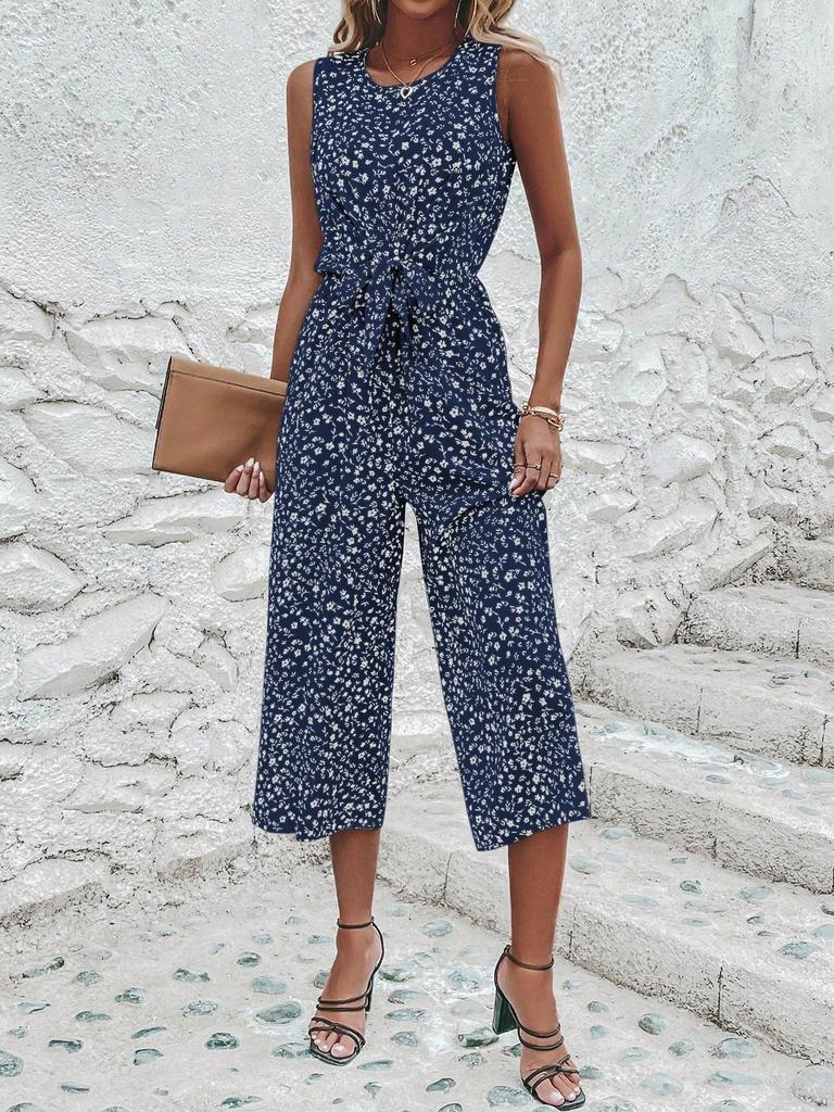 2026 New Fashion Women's Floral Print Sleeveless O-neck Jumpsuit Casual Vacation Beach Ankle-length Pant Jumpsuits with Belt