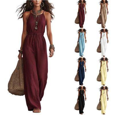 Women's Sleeveless Jumpsuit Linen Cotton Blend Wide Leg Relaxed Fit Casual Romper with Elastic Waist and Adjustable Straps for Summer