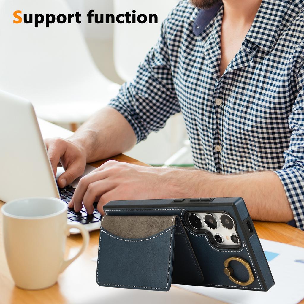 For Samsung Galaxy S24 Ultra PU Leather Back Case Card Holder Kickstand Phone Cover with Wrist Strap