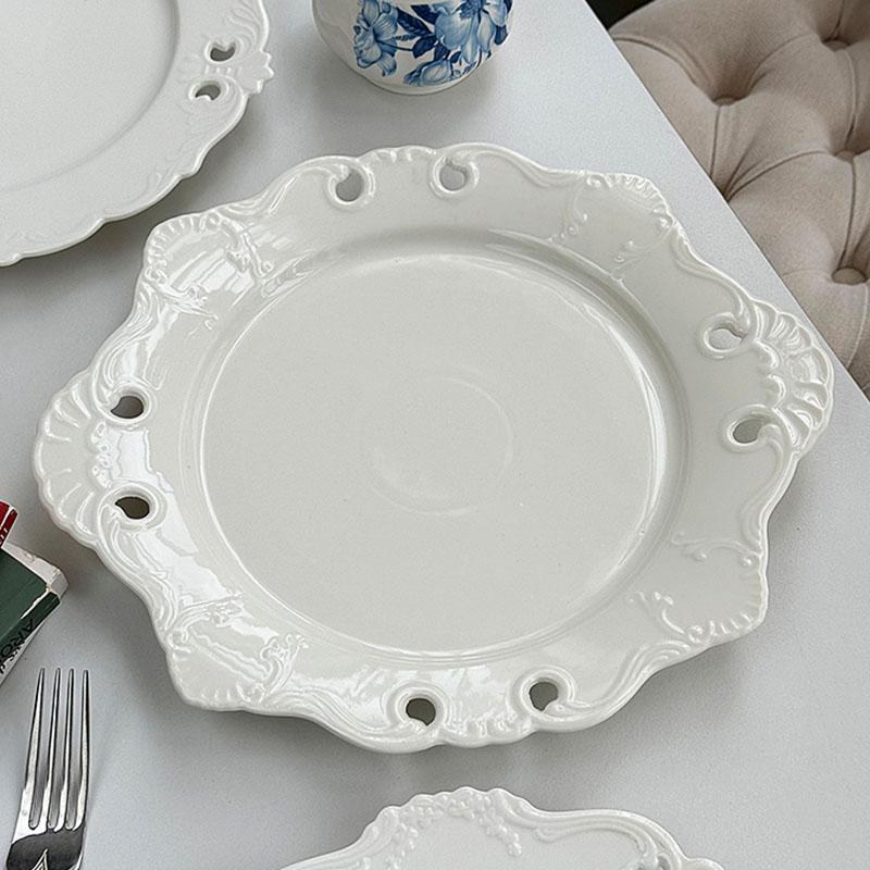 French Hollow Out Relief Dish 10 Inch Ceramic Exquisite Flower Shape Kitchen Tableware White Retro High Aesthetic Creative Plate