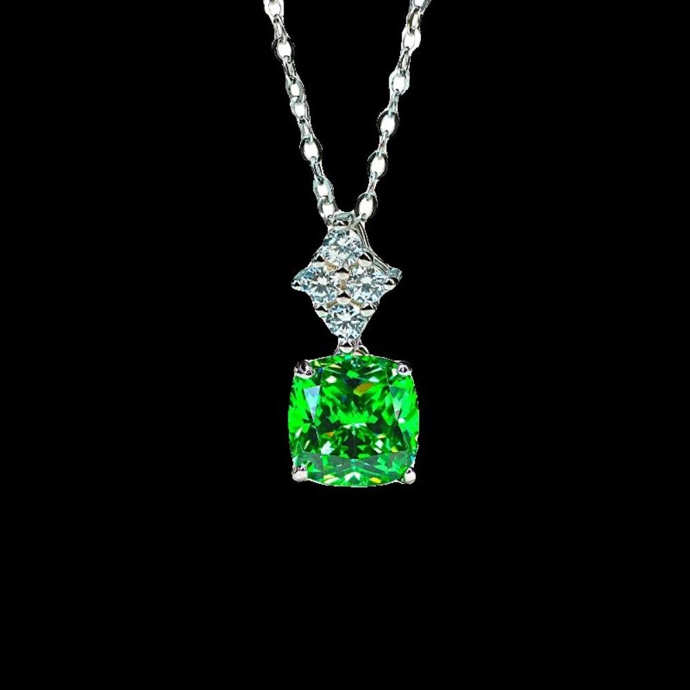 Women Jewelry Set Luxury Emerald Ice Cut Princess Square Pendant Necklace and Simple Green Diamond Ring