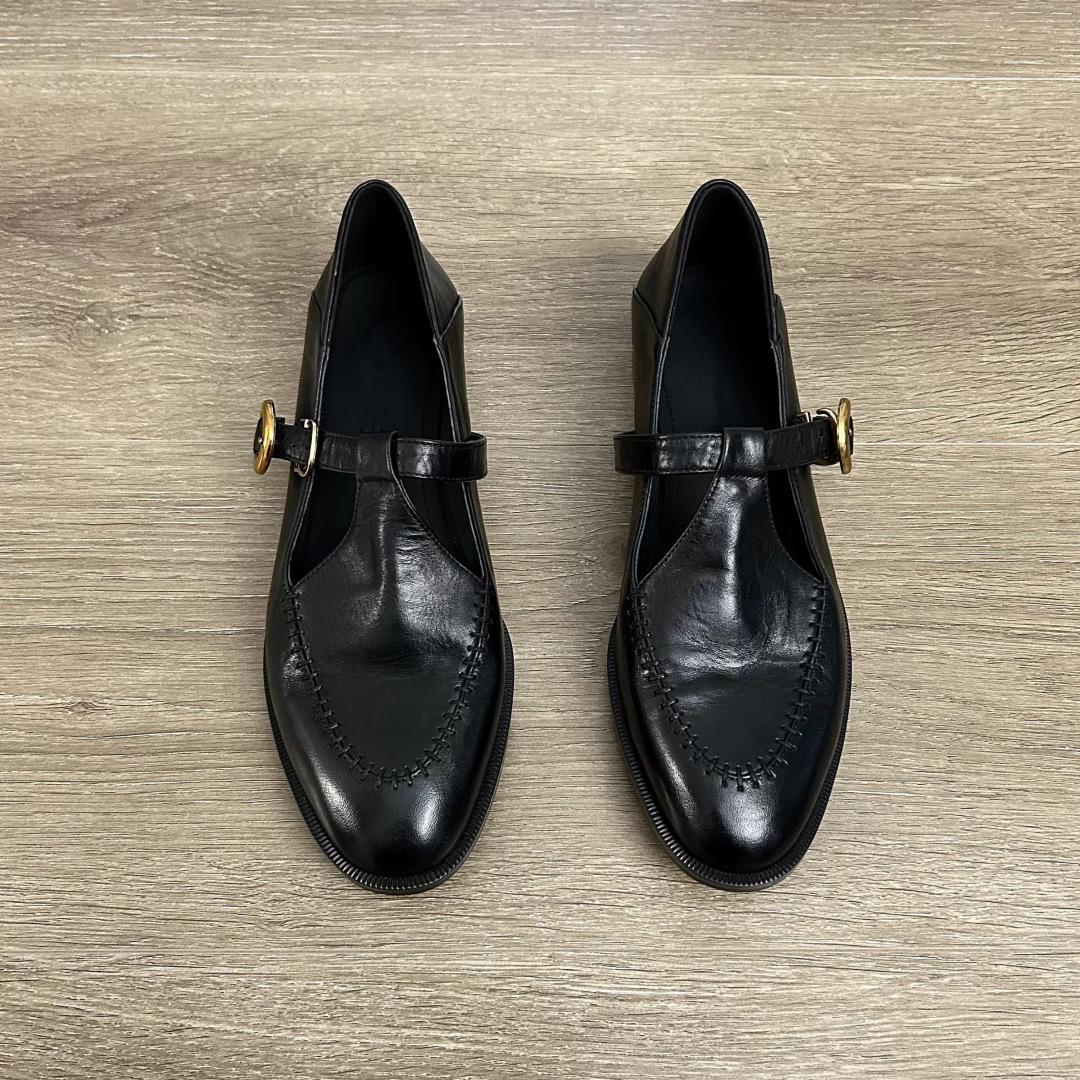 

Cowhide version~ Spring and Autumn new washed leather loafers women s T-buckle strap flat-bottomed French commuter Mary Jane shoes women 34 чорний